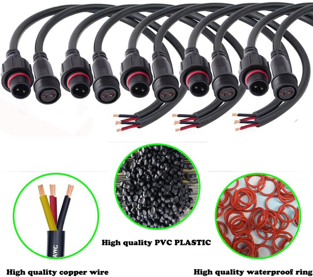 2 Wire Waterproof Connector, 2Pin Male Female Plug LED Connector,with 16AWG IP68 20CM Extension Cable for Car, Boat,Truck,Indoor/Outdoor LED Strip Lights(2Pin 5Pairs)