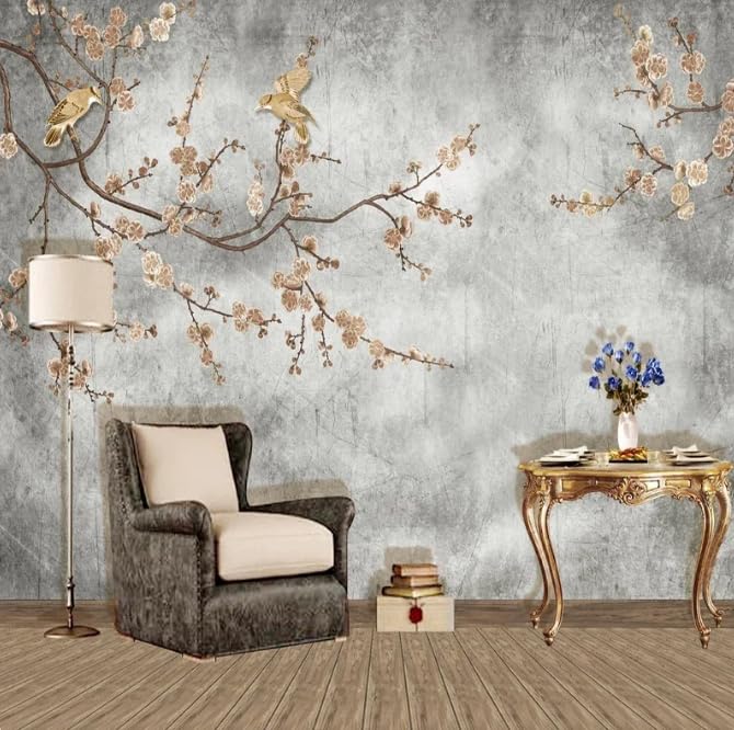 Papier peint panoramique oiseaux et fleurs 3D 200x140 cm pour salon et bureau