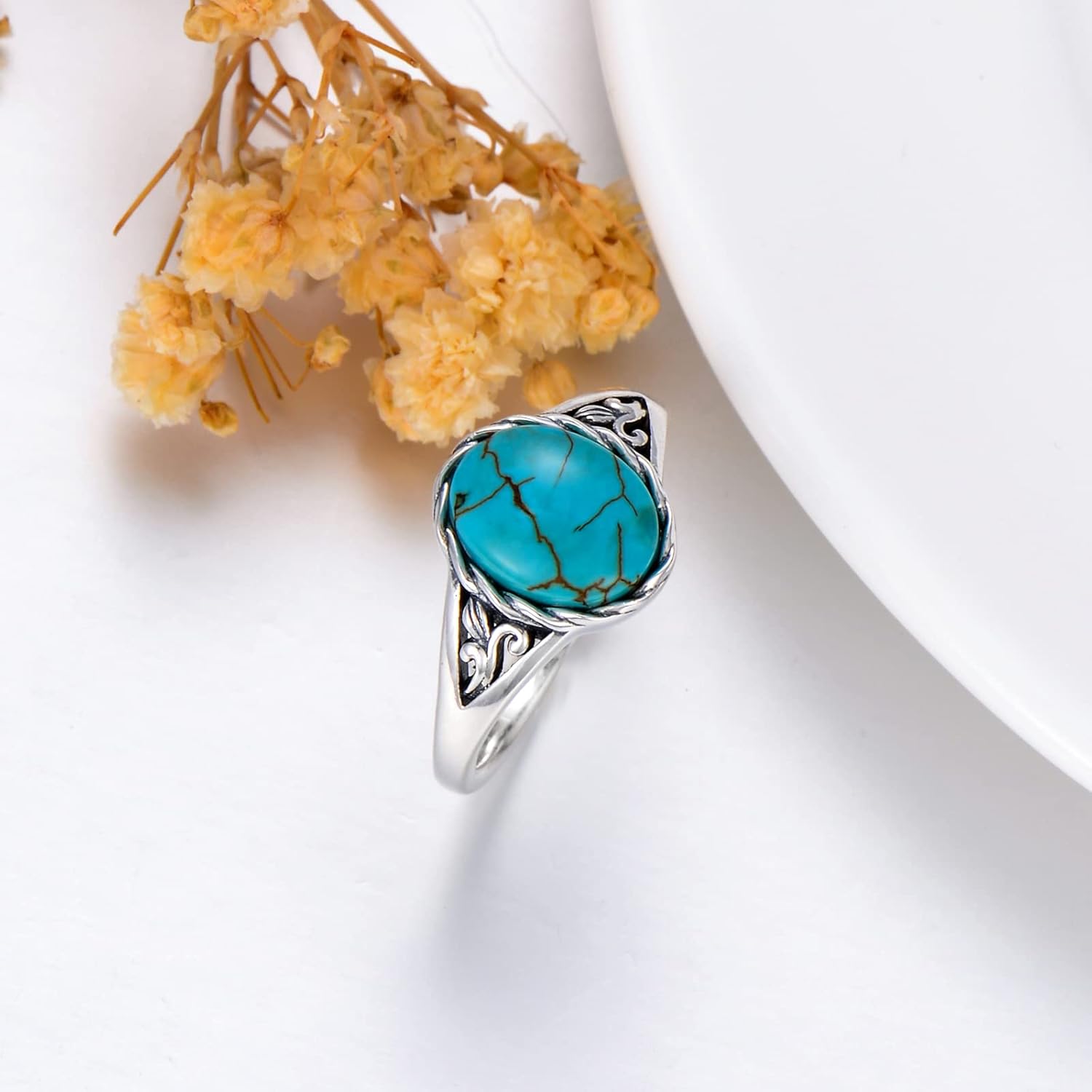 Turquoise Vintage Ring for Women, S925 Sterling Silver Oval Cut Natural Turquoise/Moonstone//Black Onyx Boho Turquoise Jewelry for Birthday Mother's Day Christmas - Image 5