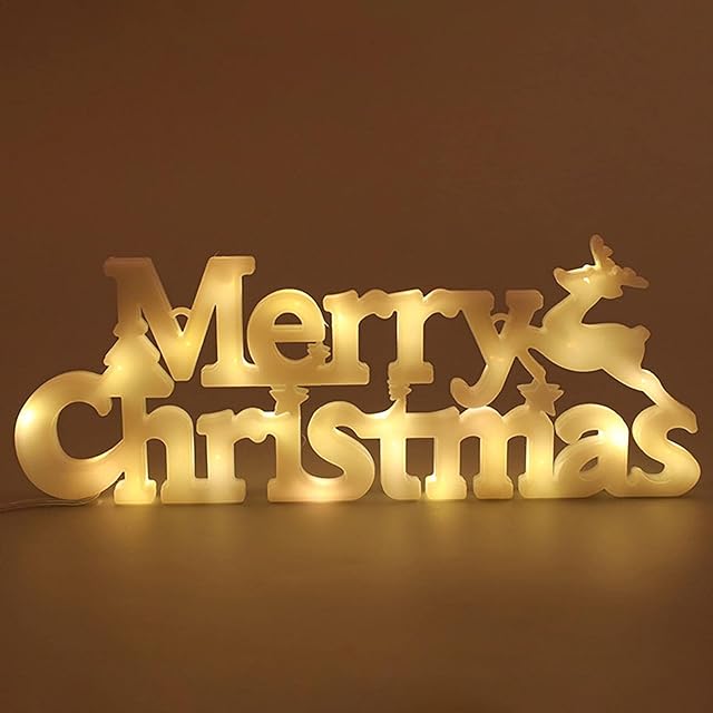 Merry Christmas Sign, LED Light Up Letter, Light Up Merry Christmas Letter Sign with Warm White LEDs, Christmas Tree Wreath Decorated Letter Sign, Christmas Party Glowing LED Light (without battery)