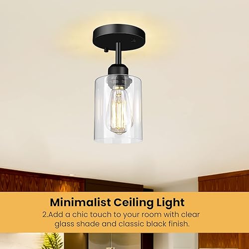 Miniatura 2 de Sheetea - Paquete de 3 luces de techo semiempotradas, modernas lámparas de techo con pantallas de vidrio transparente, iluminación industrial negra