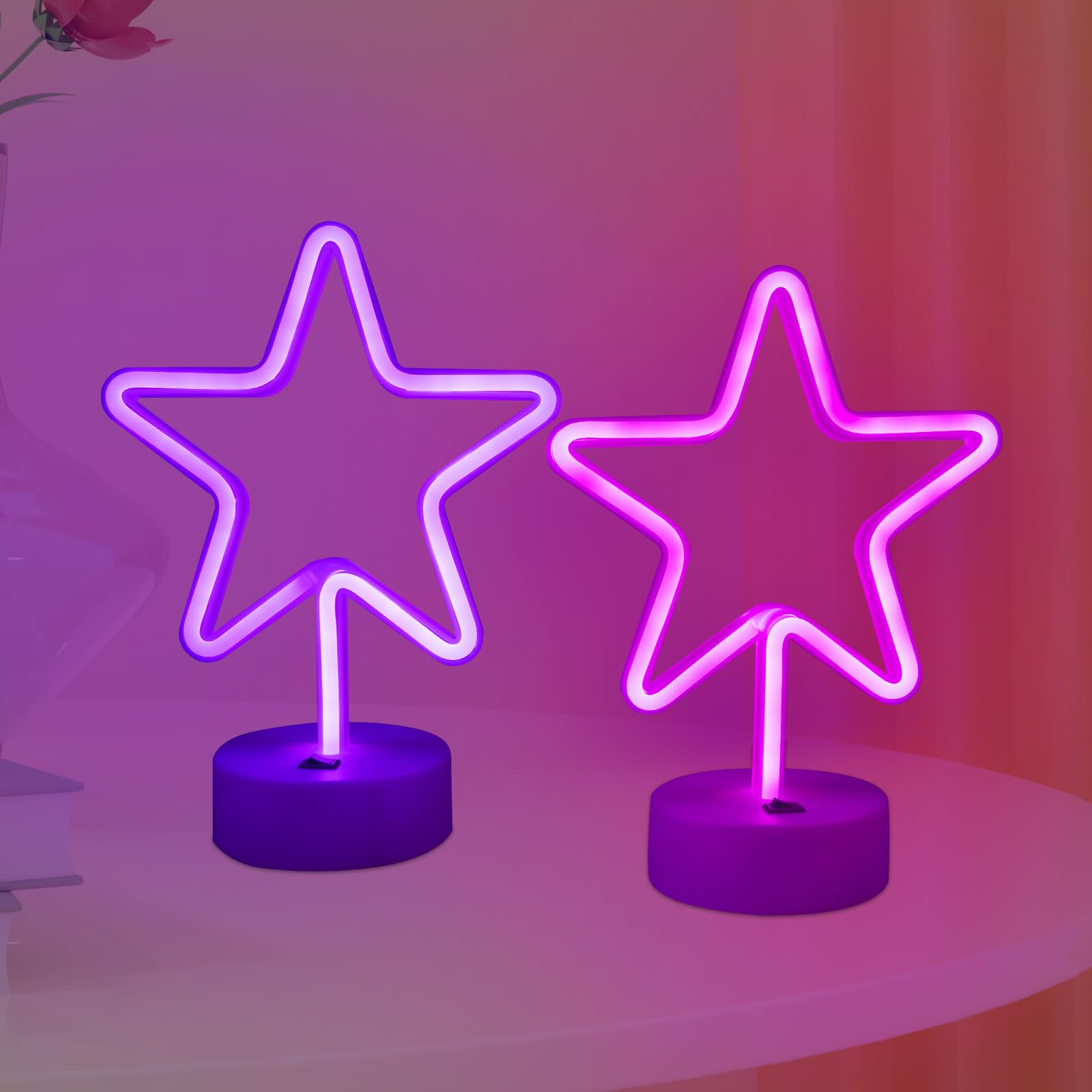 TT·SSTIE Star Neon Sign LED Star Lights for Wall Decor Battery Powered or USB Neon Star Light with Base Neon Sign for Bedroom Party Bar Gift Birthday Decoration Pink & Purple-2PCS