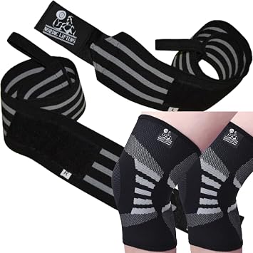 Nordic Lifting Super Heavy Duty Wrist Wraps - Black Grey Bundle with Knee Compression Sleeves XXLarge