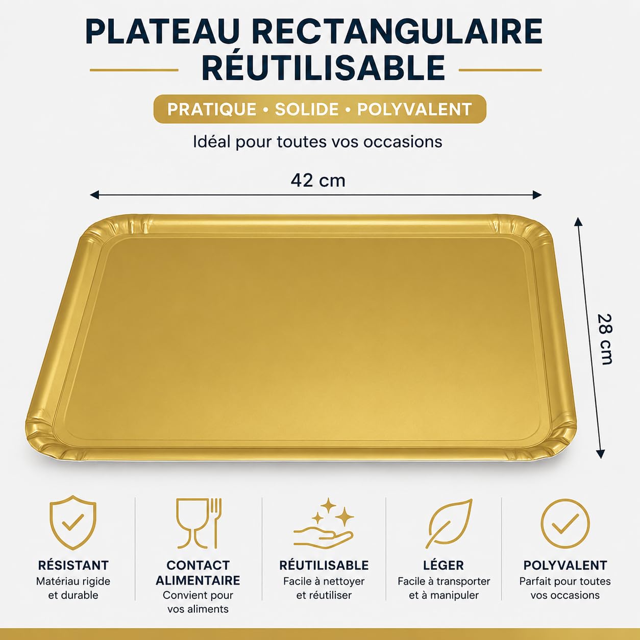 25 Plateaux Traiteur Jetables Dorés 42x28 cm - Carton Épais - Présentoir Apéritif Buffet - Plateau de Service Jetable pour Fêtes, Réceptions et Mariages - Entreprise Française