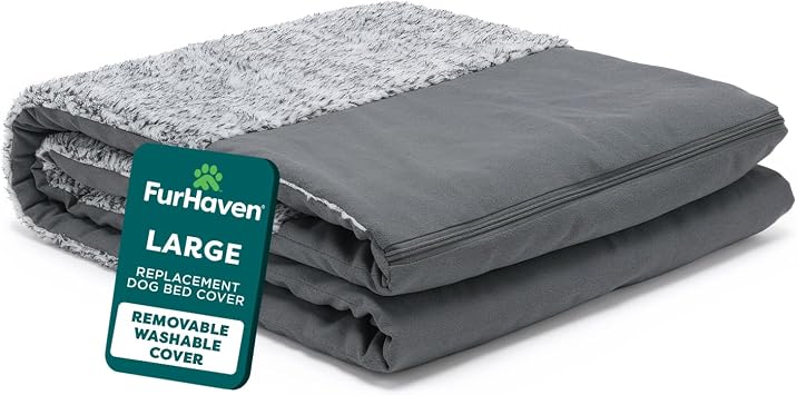 FurHaven Replacement Dog Bed Cover, Two-Tone Bed Cover for L-Shaped Chaise, Removable Washable Cover, Large, Faux Fur & Suede, Stone Gray