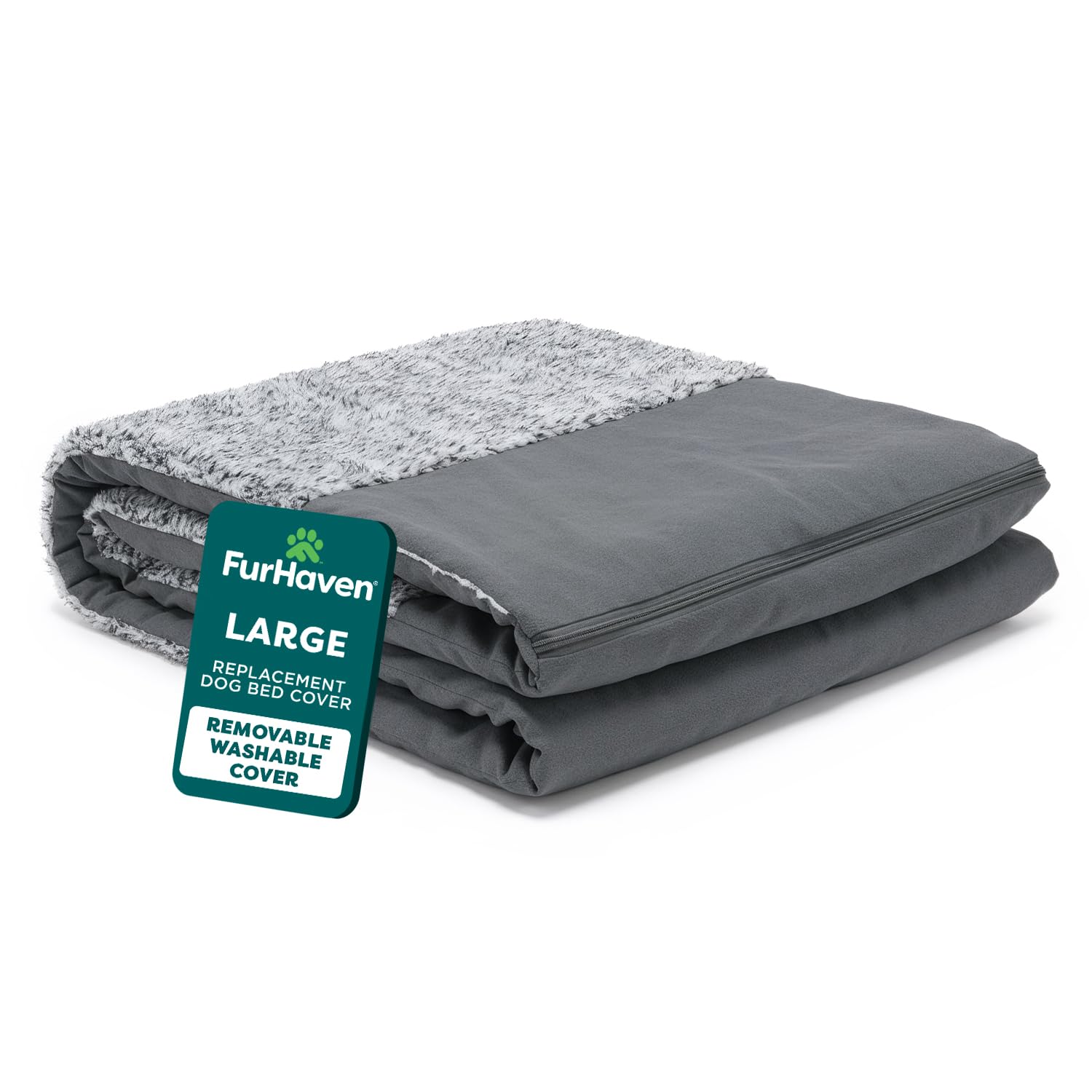 Furhaven Pet Dog Bed Cover | Two-Tone Plush Faux Fur & Suede L Shaped Chaise Lounge Living Room Corner Couch Pet Bed Replacement Cover for Dogs & Cats, Stone Gray, Large โ image 1