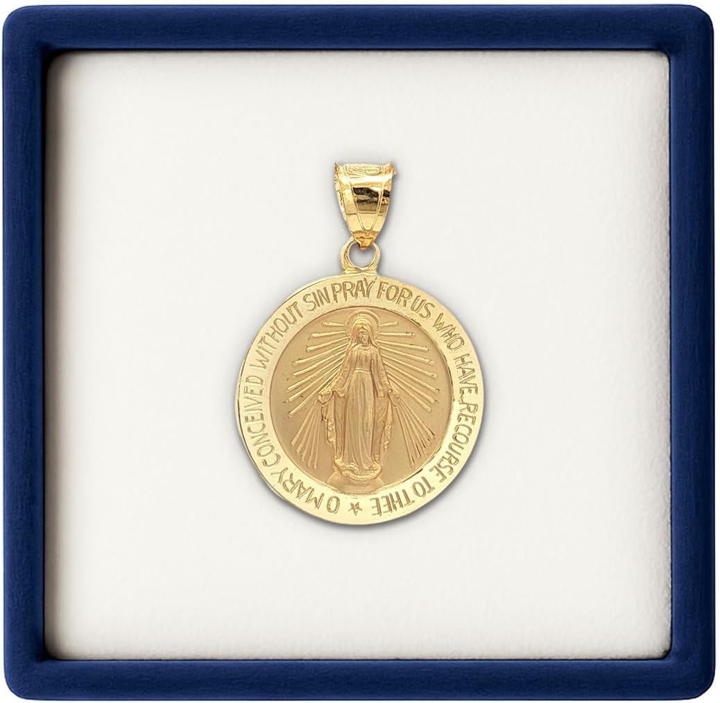 Cross+Crown Premium 14K Yellow Gold Virgin Mary Medal for Women & Men, Durable Double-Bonded 14K Yellow Gold Virgin Mary Pendant for Necklace, Women & Mens Gold Virgin Mary Medal, Handcrafted Religious Jewelry in the USA, 0.75"