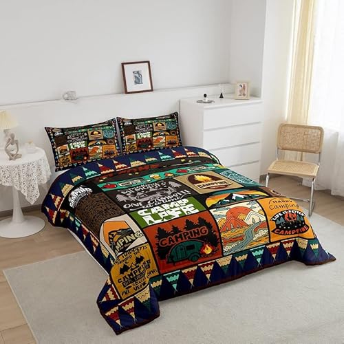 Conjunto de edredom Happy Camping para meninas, meninos, acampamento, campismo, edredom para viagem,