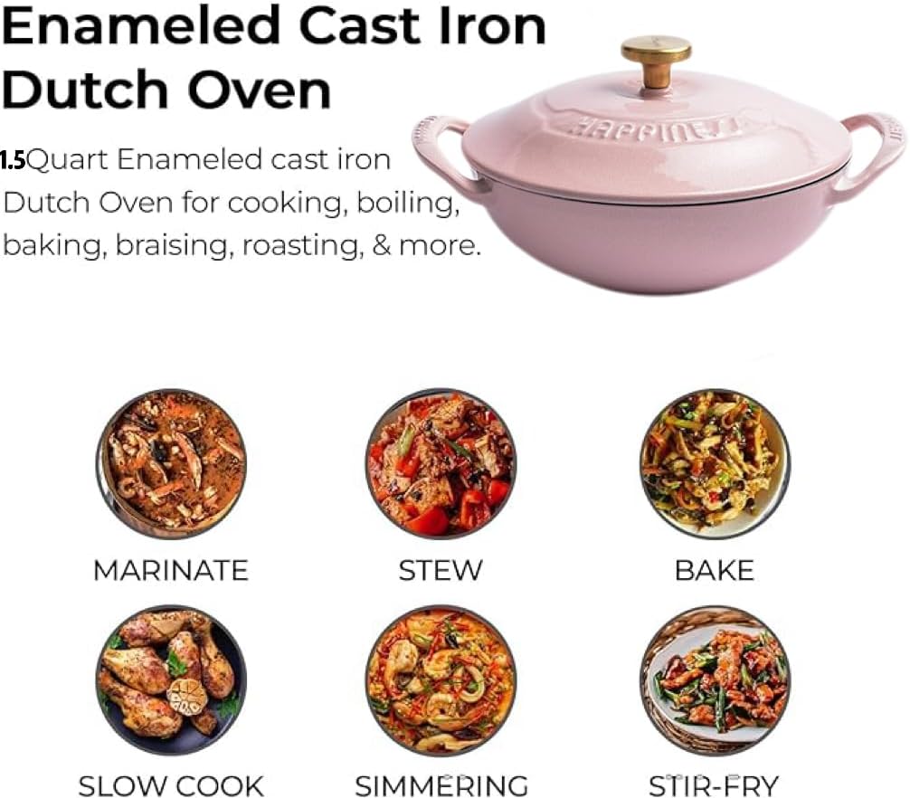 Cast Iron Dutch Oven, 1.5-Quart Dutch Oven Pan with Lid, Round Dutch Oven Cast Iron Pan with Non-Stick Enamel Coating, For All Stoves up to 500°F, Kitchen Dutch Oven (Pink)