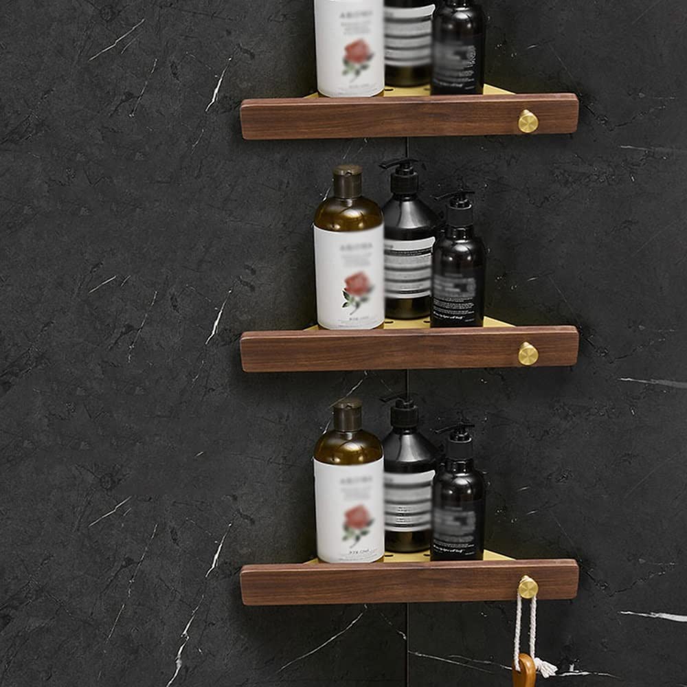 BAHELS Corner Shower Caddy Solid Wood Bathroom Shelf Wall Mounted Corner Shelf Shower Storage Rack Brushed Gold Storage