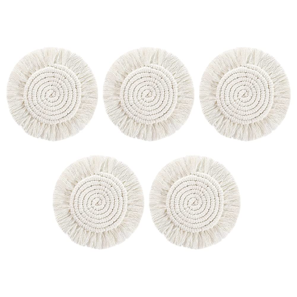 Geieold Cotton Rope 5Piece Macrame Handmade Cotton Coasters Woven Coaster For, Boho Coaster Set With Tassels Heat