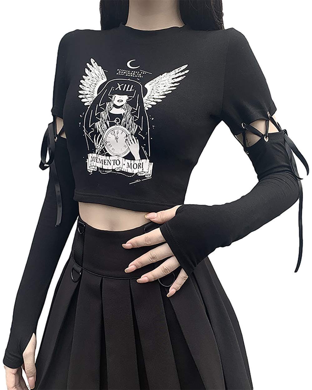 TSMNZMUWomens Gothic Crop Tops Long Sleeve Punk Grunge Print Shirt Crewneck Mall Goth Alt Emo Tops