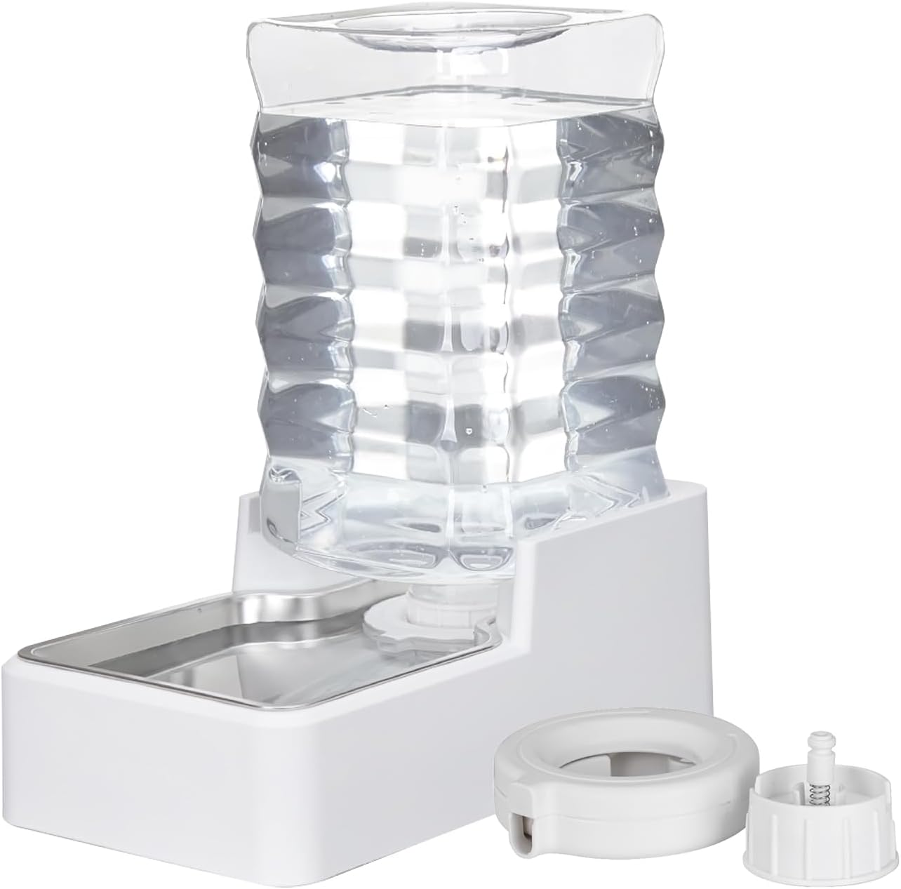 Upgraded Dog & Cat Water Dispenser, Stainless Steel Bowl, Automatic Gravity Dispenser, BPA-Free, Large Capacity with Two Caps & Filters (White, 8L+)