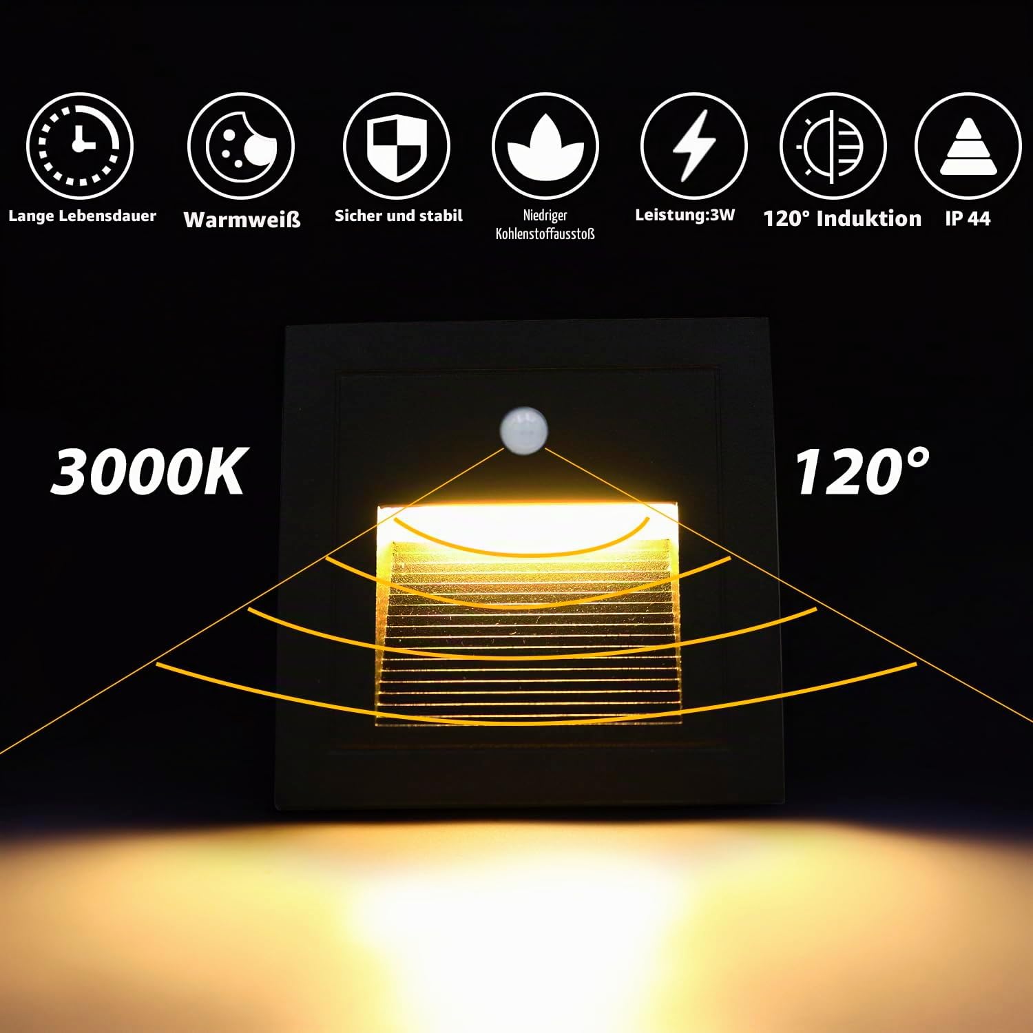 Arotelicht 8er 3W LED Treppenlicht mit Bewegungsmelder 3000K IP44 Wandeinbaustrahler Stufenlicht Lampe, LED Einbaustrahler innen, schwarz, Alu, 230V, Body Sensor, Nicht die Standardgröße 60mm | Warmweiß Alu Wandeinbaustrahler Stufenlicht Inkl. Unterputzdo