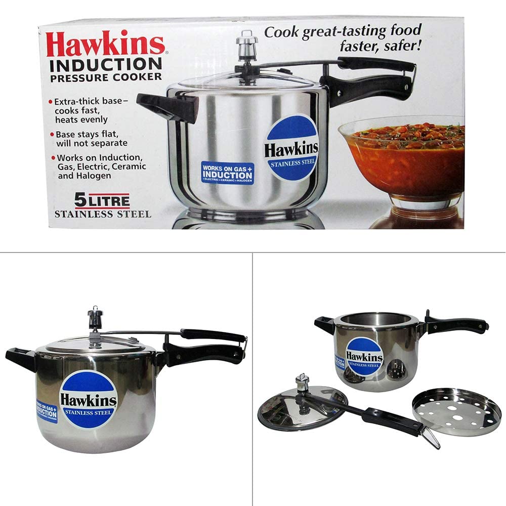 Buy Hawkins Stainless Steel Induction Compatible Base Pressure Cooker, 5 Litres, Silver Online