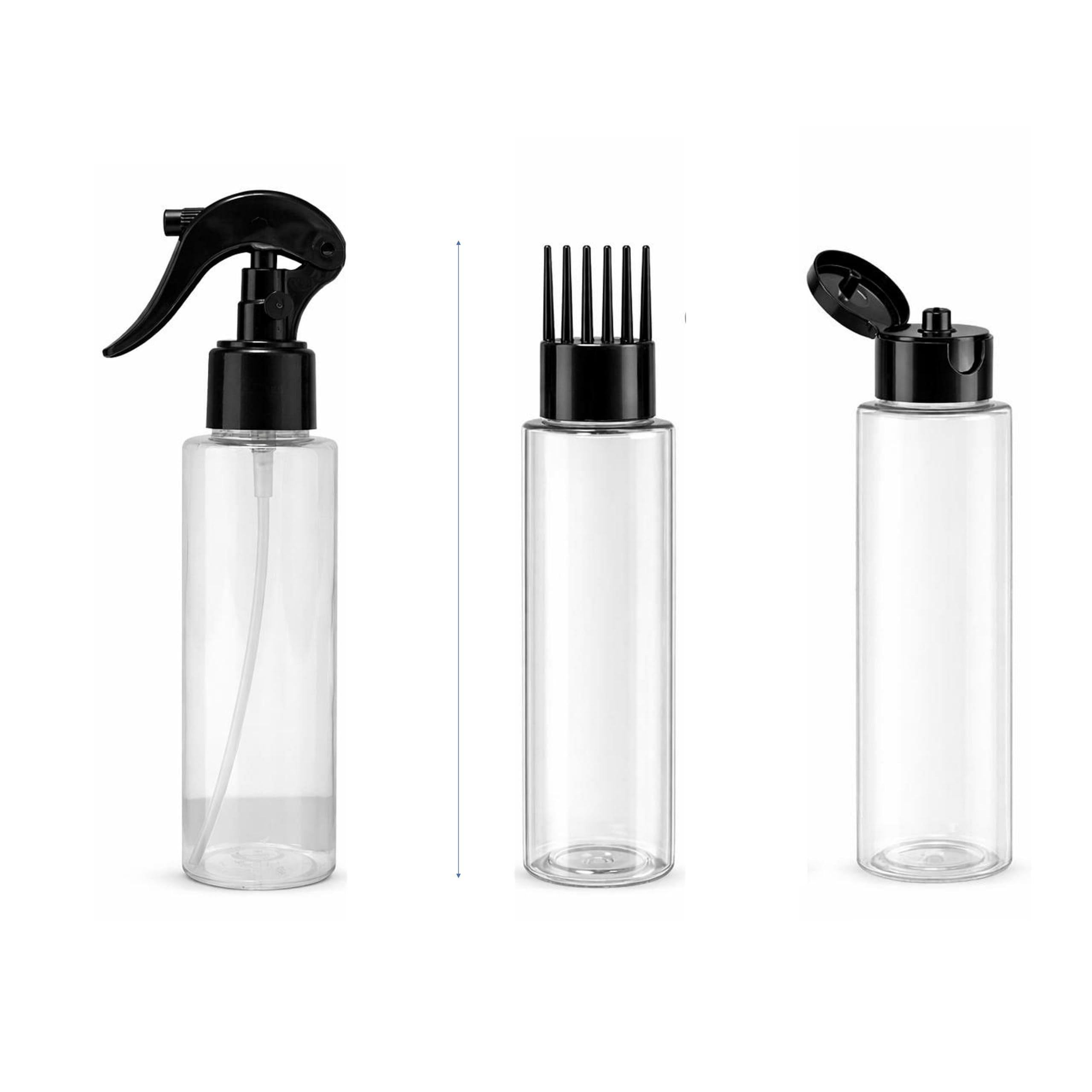 Refillable Bottle Combo – Pack of 3 (100 ml Each) | Transparent Trigger Spray Bottle, Flip Top Bottle & Hair Root Applicator | Clear PET Bottles with Black Caps-image-13