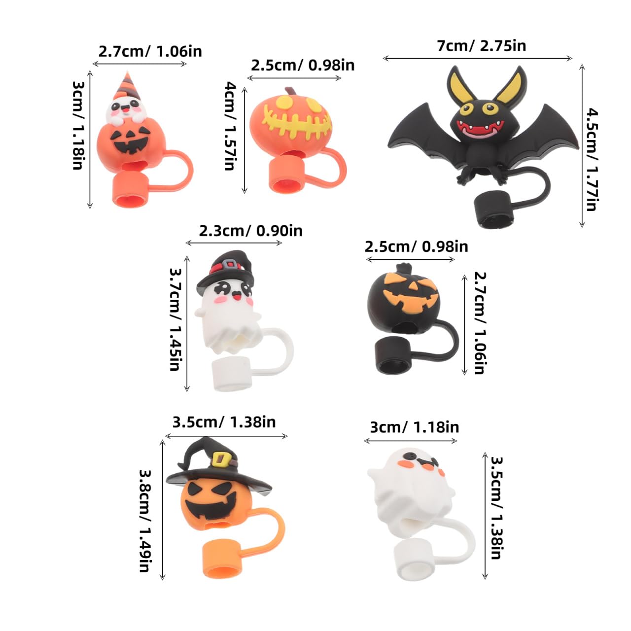 Amosfun 7 Stück Halloween-Silikon-Trinkhalm-Abdeckkappen, wiederverwendbar, staubdicht, Trinkhalm-Protektoren mit Fledermaus-Kürbis-Geister-Schädel-Designs für Party-Getränke-Dekoration
