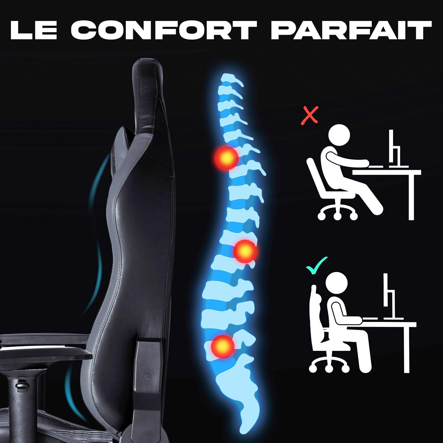 KLIM Esports - Chaise Gaming - Simili Cuir et Matériaux Premium Haute Qualité - Chaise Gamer inclinable - Ergonomique avec Coussin Lombaire et Cervical - Fauteuil Gamer Noir Nouvelle Version