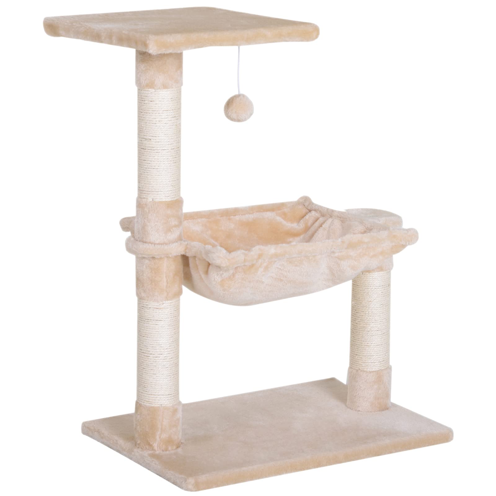 Arbre à chat beige avec hamac suspendu idéal pour les siestes au salon près de la fenêtre