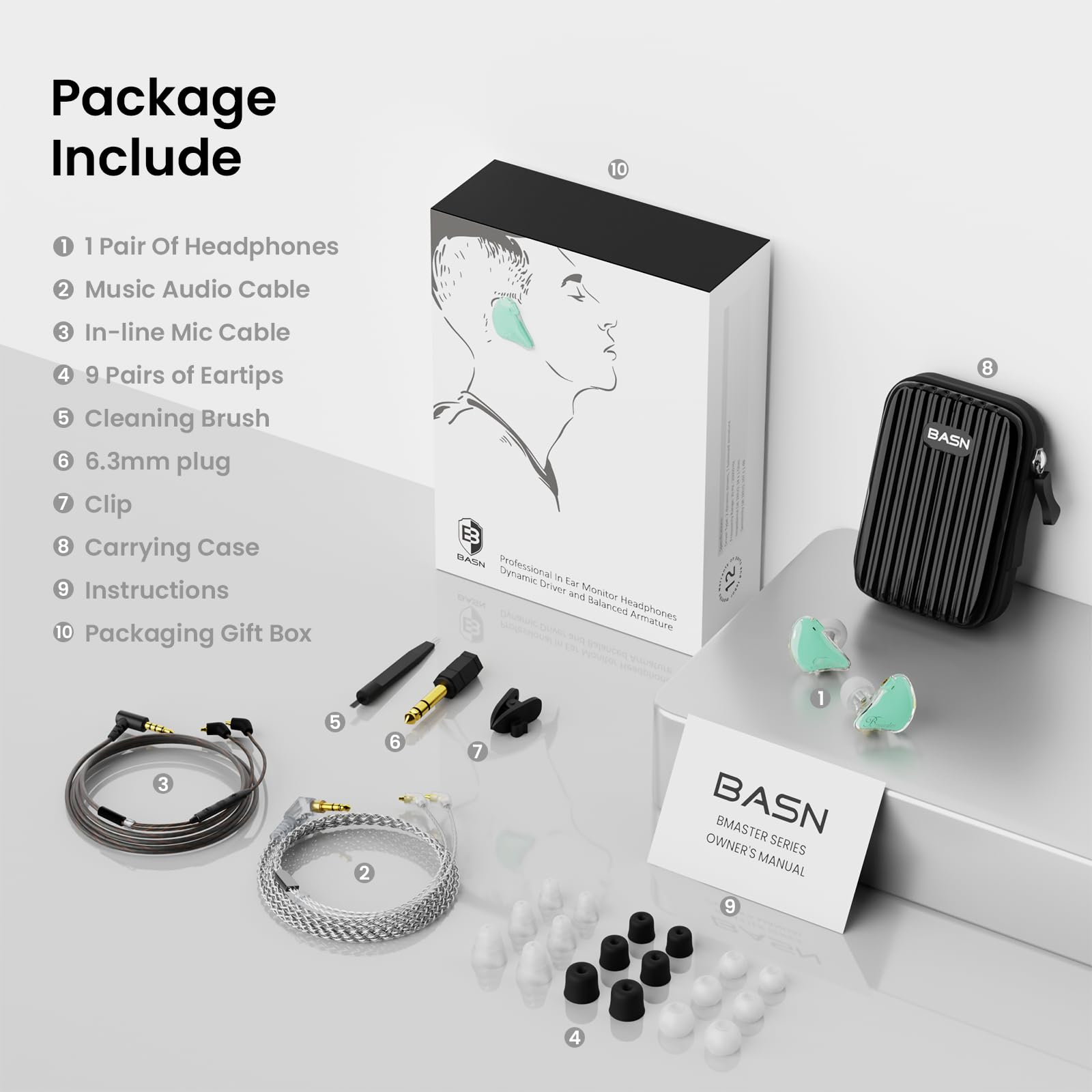 BASN Bmaster - Cuffie intrauricolari con monitor IEM a triplo driver, con bassi potenti, isolamento acustico, Hi-Fi, stereo, con cavo, per musicisti, cantanti, batteristi (verde acqua)