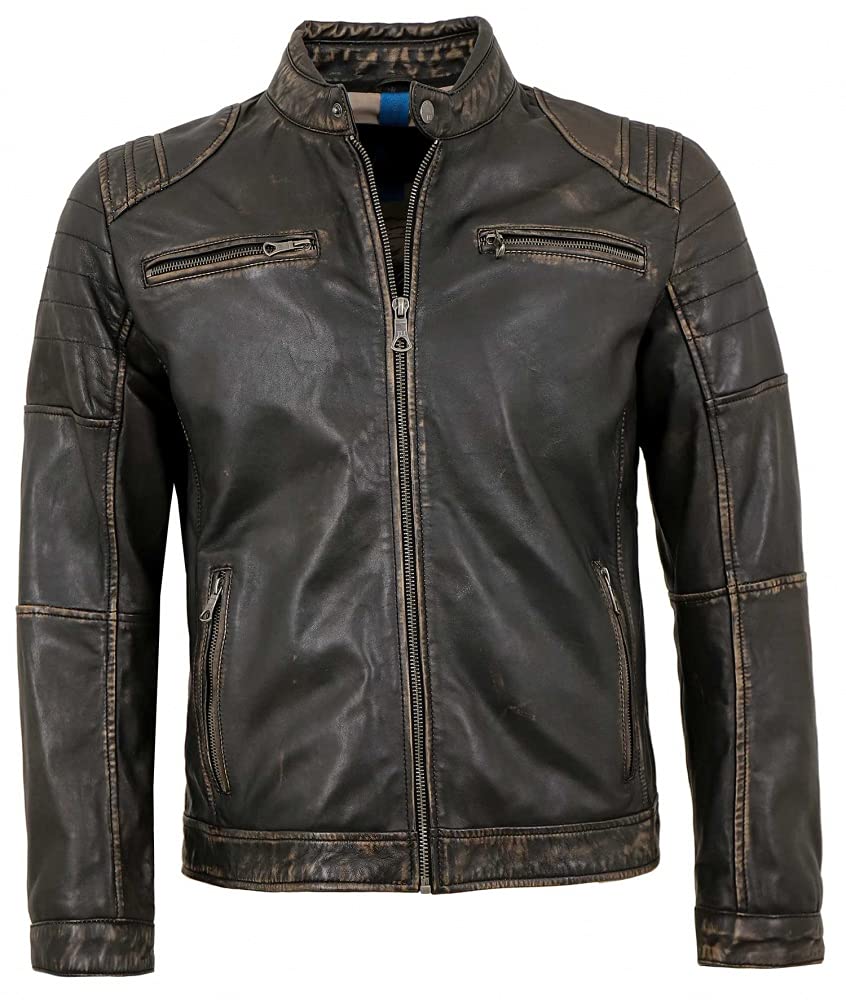 Herren Lederjacke Lammnappa Bikerjacke Kapuze schwarz-beige