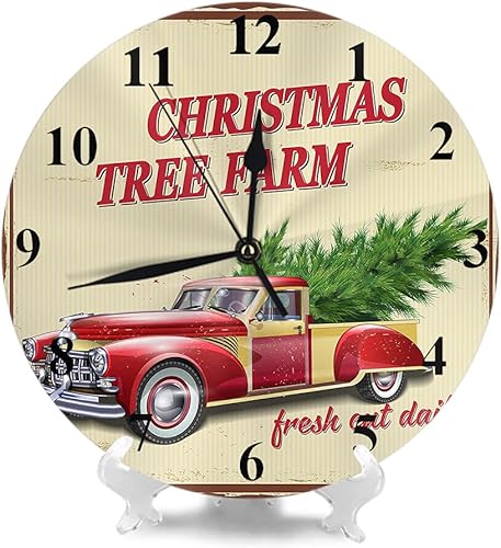 Miniatura 2 de Wondertify Reloj de pared con árbol de Navidad, camión rojo, pino, granja, silencioso, sin tictac, reloj redondo decorativo con pilas, 10 pulgadas