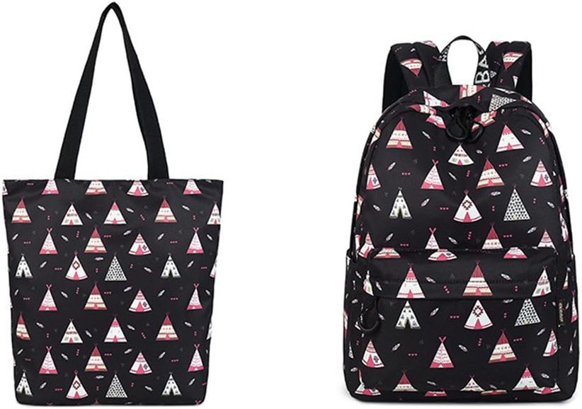 Winnerbag Fashion Waterproof Women Backpack Cute House Pattern Printing High Capacity Girls College Laptop Bookbags Black set 15 Inches