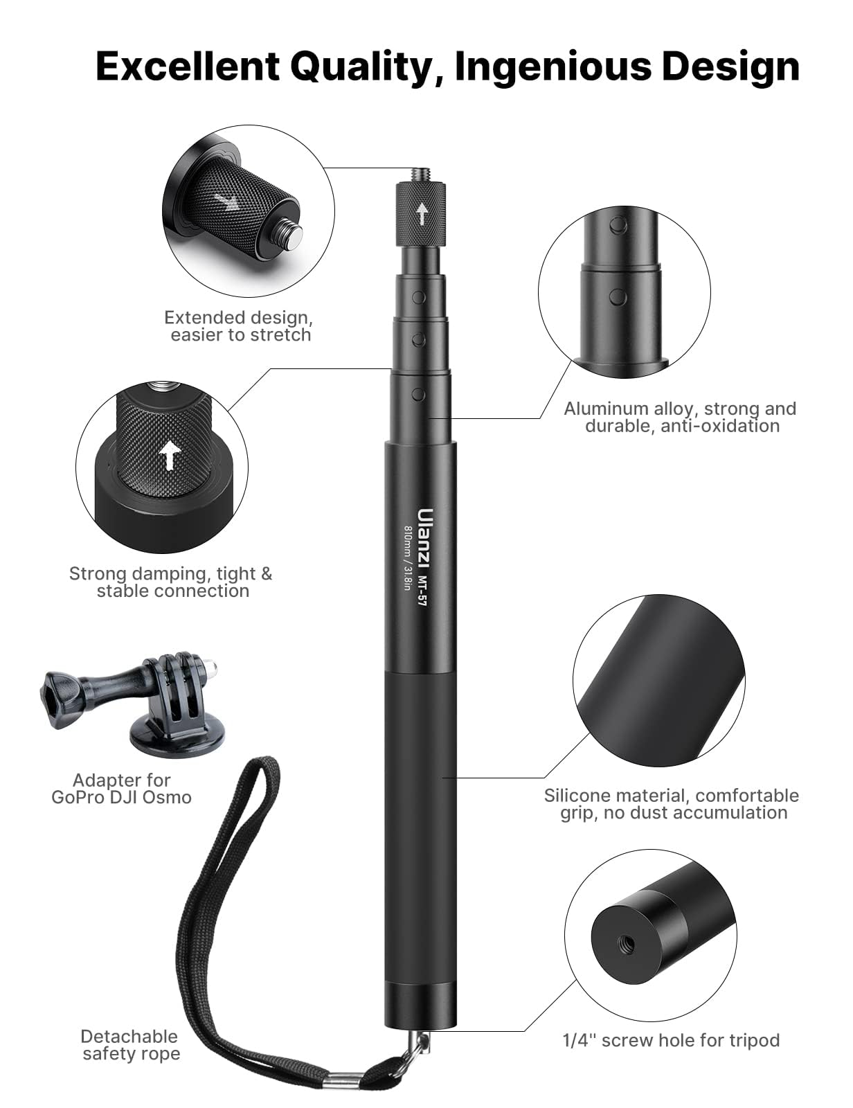 Palo selfie ULANZI MT-58 para Insta 360 y cámaras de acción compatibles con Go Pro Hero 11/10/9/8/7, Insta360 One XR/RS/GO 2, DJI Osmo Action