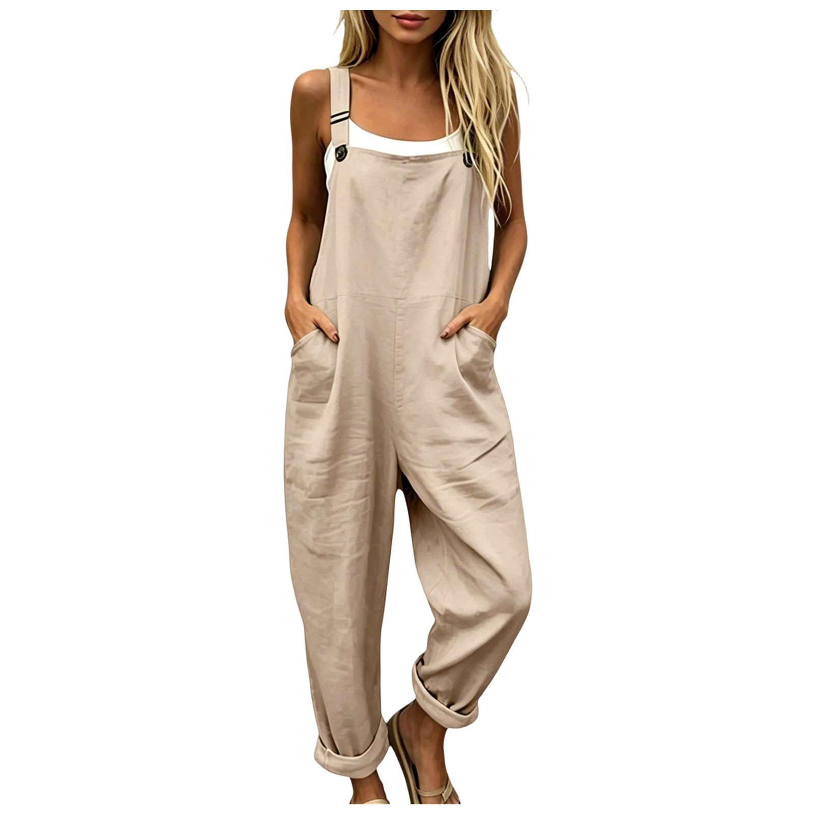 Salopette Donna Estiva Lunga in Lino, Tuta Intera Elegante Stampa Boho Chic, Tuta Pantaloni Baggy Curvy con Tasche e Bretelle, Jumpsuit Gamba Larga Leggera Comoda per Mare Vacanza