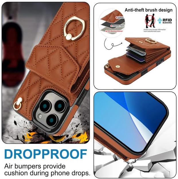 Phone Purse for iPhone 16 Pro Max, Crossbody Wallet Case with Strap, RFID Blocking PU Leather Kickstand Ring Holder Handbag Folio Case with Card Holder for iPhone 16 Pro Max 6.9 Inch (Brown)
