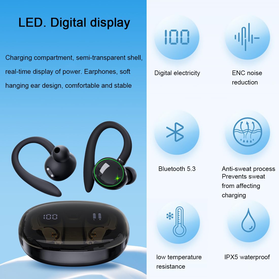 Bezprzewodowe słuchawki nauszne Bluetooth 5.3, wodoodporne IPX5, inteligentne dotykowe bezprzewodowe słuchawki, odpowiednie do biegania, jazdy na rowerze, słuchawek fitness, wyświetlacz LED