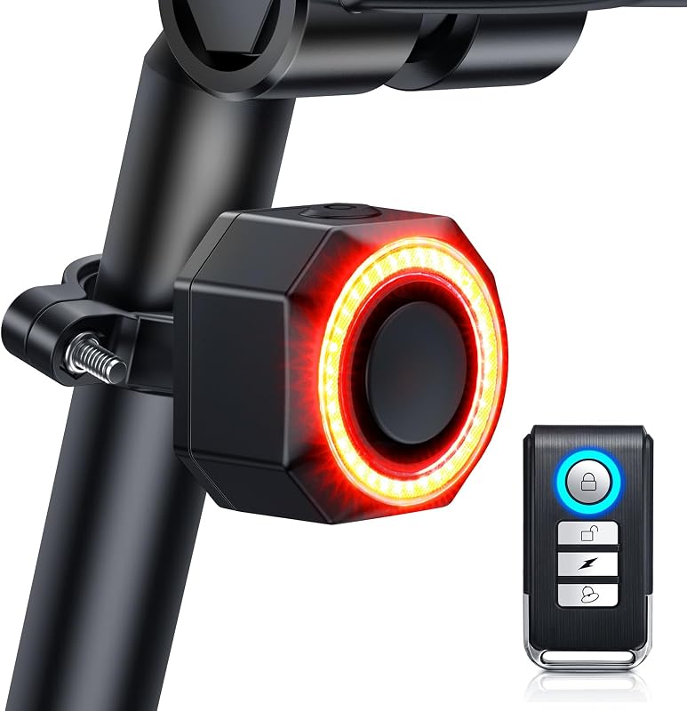 Alarma de bicicleta con control remoto, luz trasera de bicicleta y luz de freno encendido/apagado automático USB-C recargable, sistema de alarma de bicicleta de 110 dB, sensor de movimiento de vibración antirrobo para bicicleta, bicicleta eléctrica, scooter, IP65 impermeable