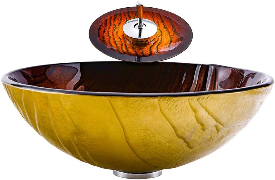 Yellow Moss Pattern Tempered Glass Vessel Round Bathroom Sink Counter Top Installation Modern Artistic Vanity Sinks Glass Vessel Sink with Pop up Drain,Singlesink