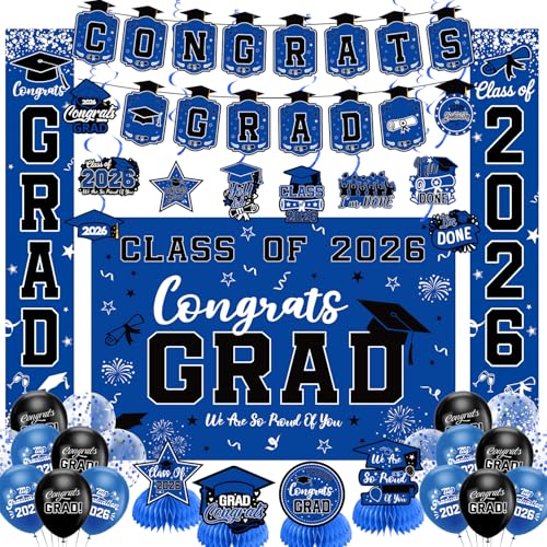 Graduation Decorations 2026 Blue Set, Congrats Grad Decor Set with Banner Backdrop Porch Sign,Hanging Swirls Honeycomb Centerpieces Balloons for Grad Party Decorations (Blue)