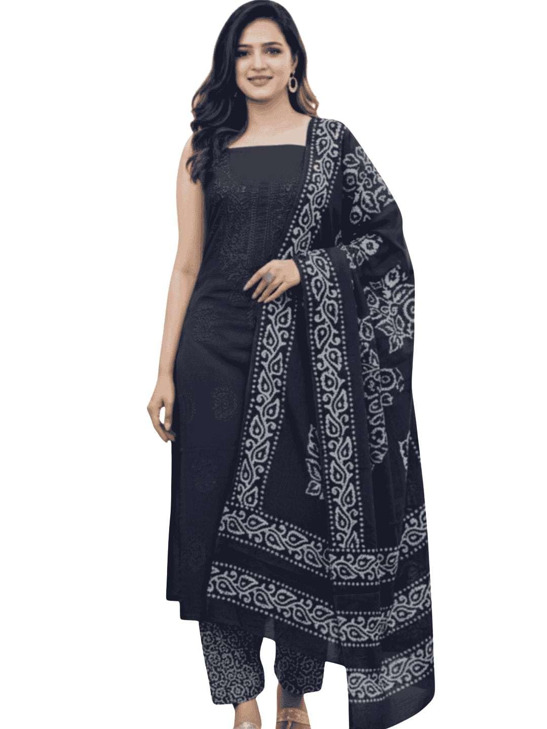 Bombay Batik Women's Pure Cotton Handwork Printed Batik Unstitched Dress Material with Matching Dupatta (Navy Blue) | Dress Material for Women-image-41
