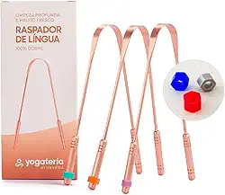 YOGATERIA Kit limpador Raspador de língua Cobre Ayurvédico 100% Puro | Elimina o Mau Hálito Toxinas e Resíduos | Fácil de limpar | Antibacteriano Higiênico e Durável (3 Unds)
