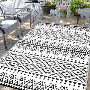 Waterproof Outdoor Rug 6x9ft, Bohemia Reversible Plastic Straw Mat for Patio RV Deck Porch Backyard Balcony Camping Picnic Beach Indoor Outdoor Carpet, Black&White