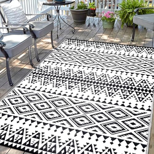 Waterproof Outdoor Rug 6x9ft, Bohemia Reversible Plastic Straw Mat for Patio RV Deck Porch Backyard Balcony Camping Picnic Beach Indoor Outdoor Carpet, Black&White Bohemia (Black&white) 6 x