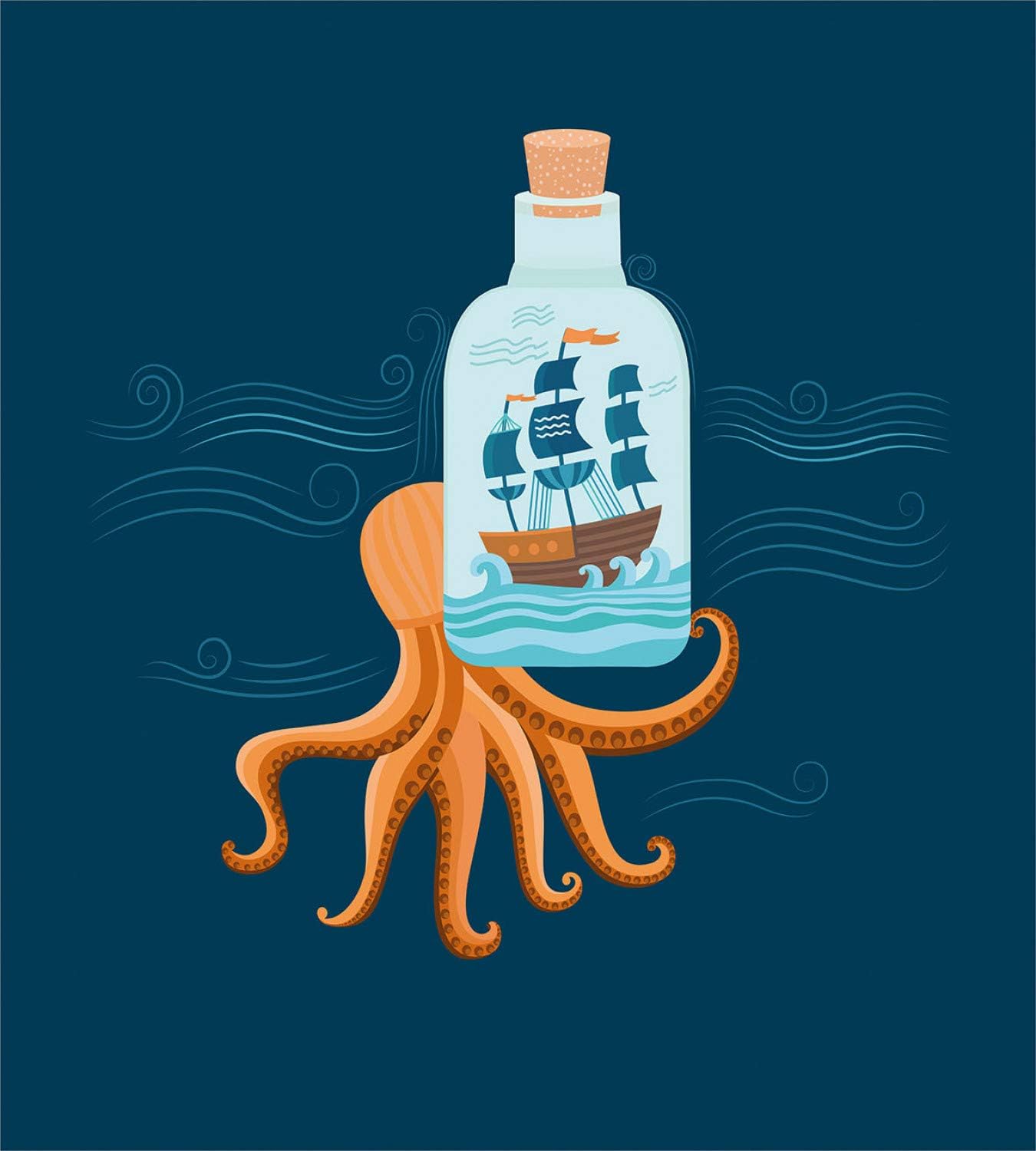 Ambesonne Octopus Ship Duvet Cover Set, Ship in The Bottle Sea Waves Nautical Underwater Summer Anchor, Decorative 3 Piece Bedding Set with 2 Pillow Shams, Queen Size, Orange and Dark Night Blue