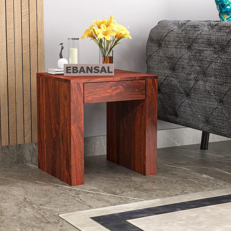 Image of Solid Wood Sheesham End Table with 1 Drawer Modern Design - Honey Finish