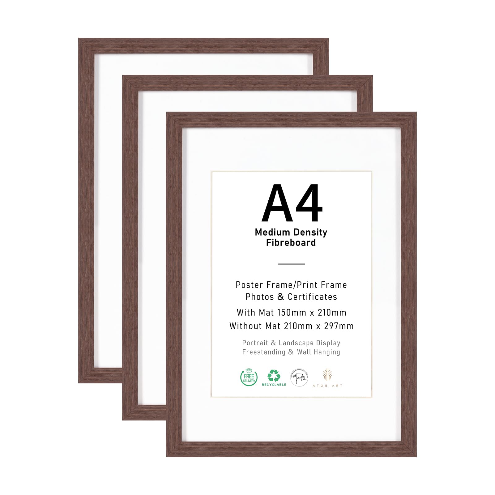 A4 Picture Frame Set of 3, Display A5 with Mat or A4 without Mat, Terracotta Brown Wood Photo Frames for Wall Mounting or Table Top Display
