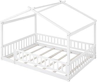 Bellemave Full Size House Bed Frame, House Beds for Kids, Montessori Floor Bed with Fence, Playhouse for Kids, Full,White