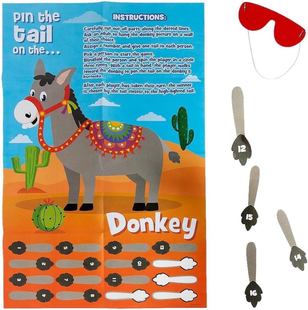 Fun Express Fiesta Pin The Tail on The Donkey Game – Classic Mexican-Themed Party Game for Cinco de Mayo Birthday Parties and Celebrations – Fun Interactive Activity for Kids and Adults – 2 Pieces