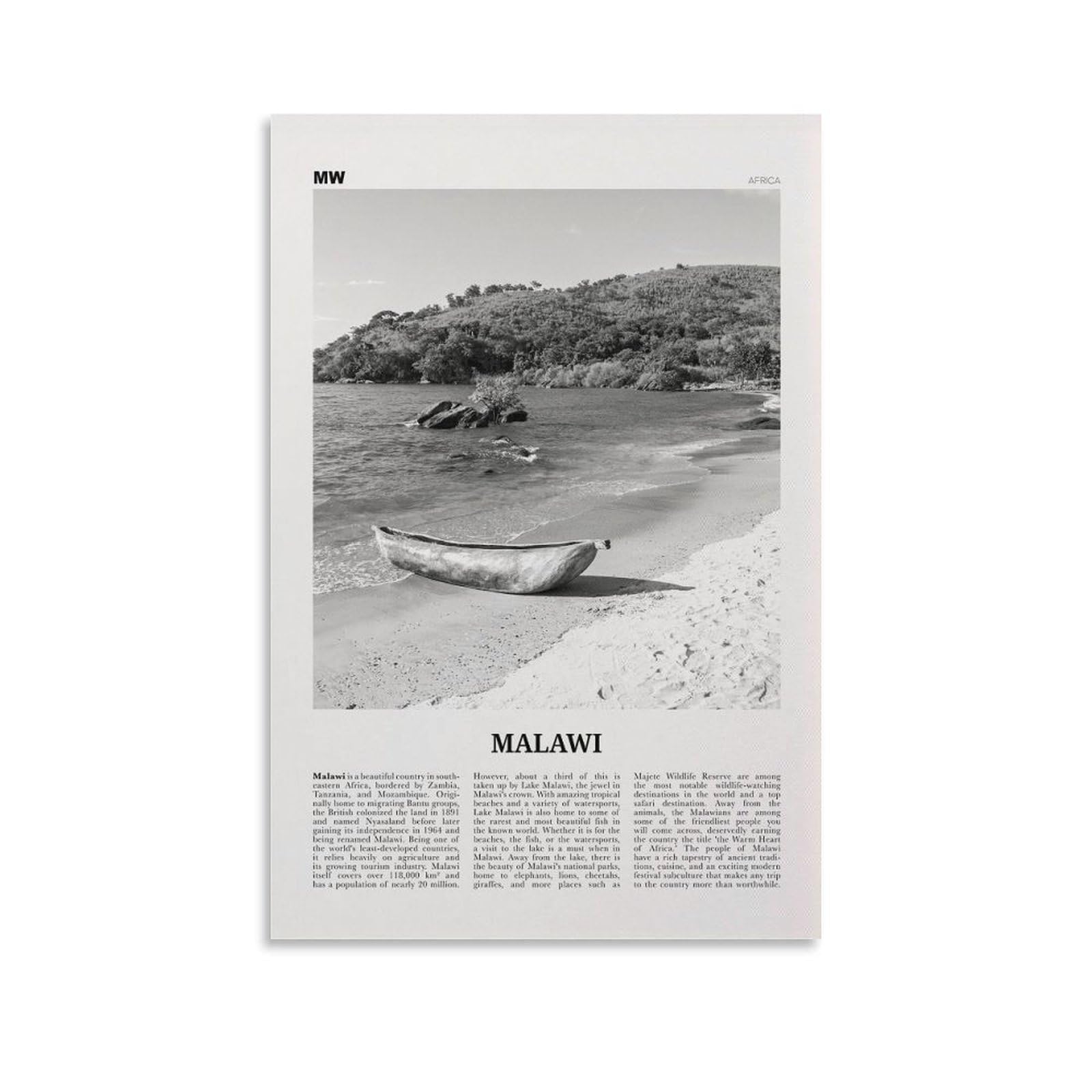 LZTEN Malawi Print Black And White, Malawi Wall Art, Malawi Poster, Malawi Photo, Malawi Wall Decor, Country Art Print, Africa Poster Print Canvas Wall Art