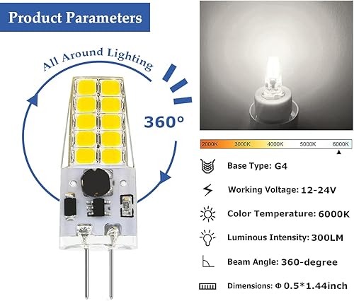 Miniatura 2 de Bombilla LED regulable G4 de 12 V, 24 V, tipo JC, equivalente a halógeno T3 G4 de 20 a 30 W, luz diurna de 6000 K, 300 lm, iluminación de