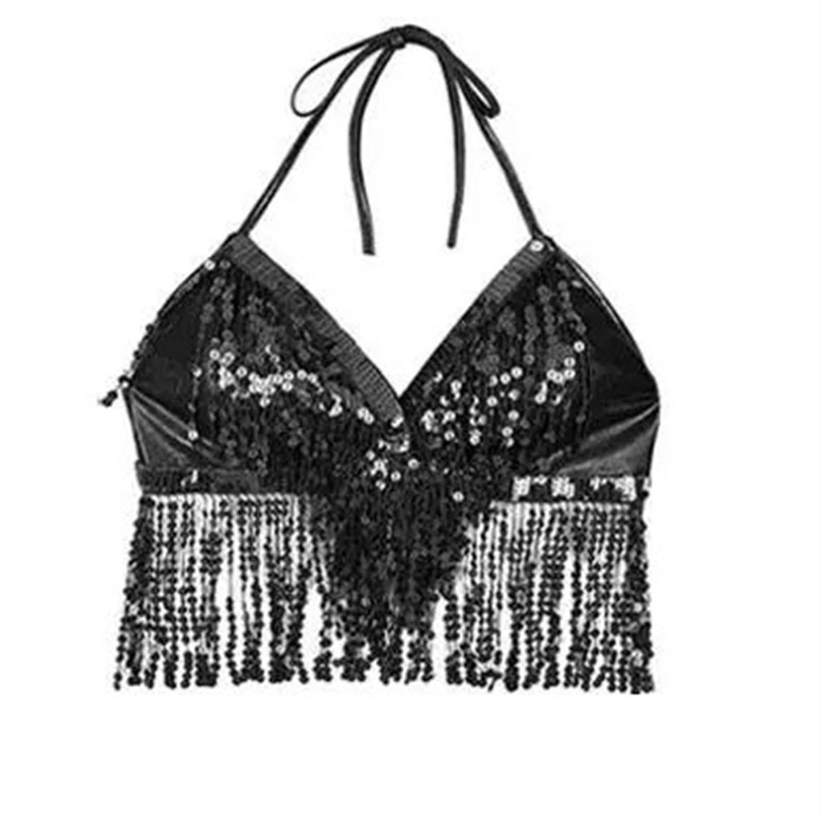 Belly Dance Bra Top Costumes Sequins Tassel Dancing Blouse For Women Performance Vest for Dancing Carnival Party(Black)