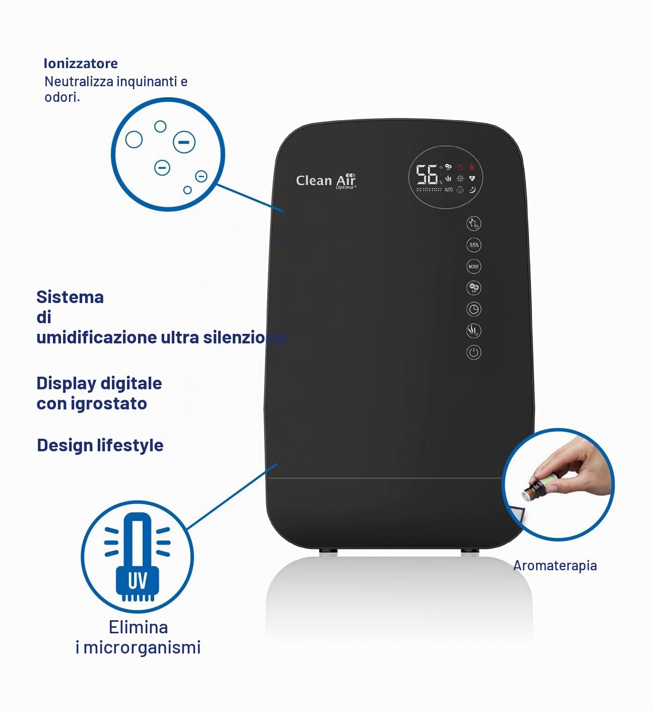 Clean Air Optima - Umidificatore ad ultrasuoni + ionizzatore CA-607B - Adatto per ambienti piccoli e grandi fino a 65 m²/160 m³ - Capacità di umidificazione max. 480 ml/h