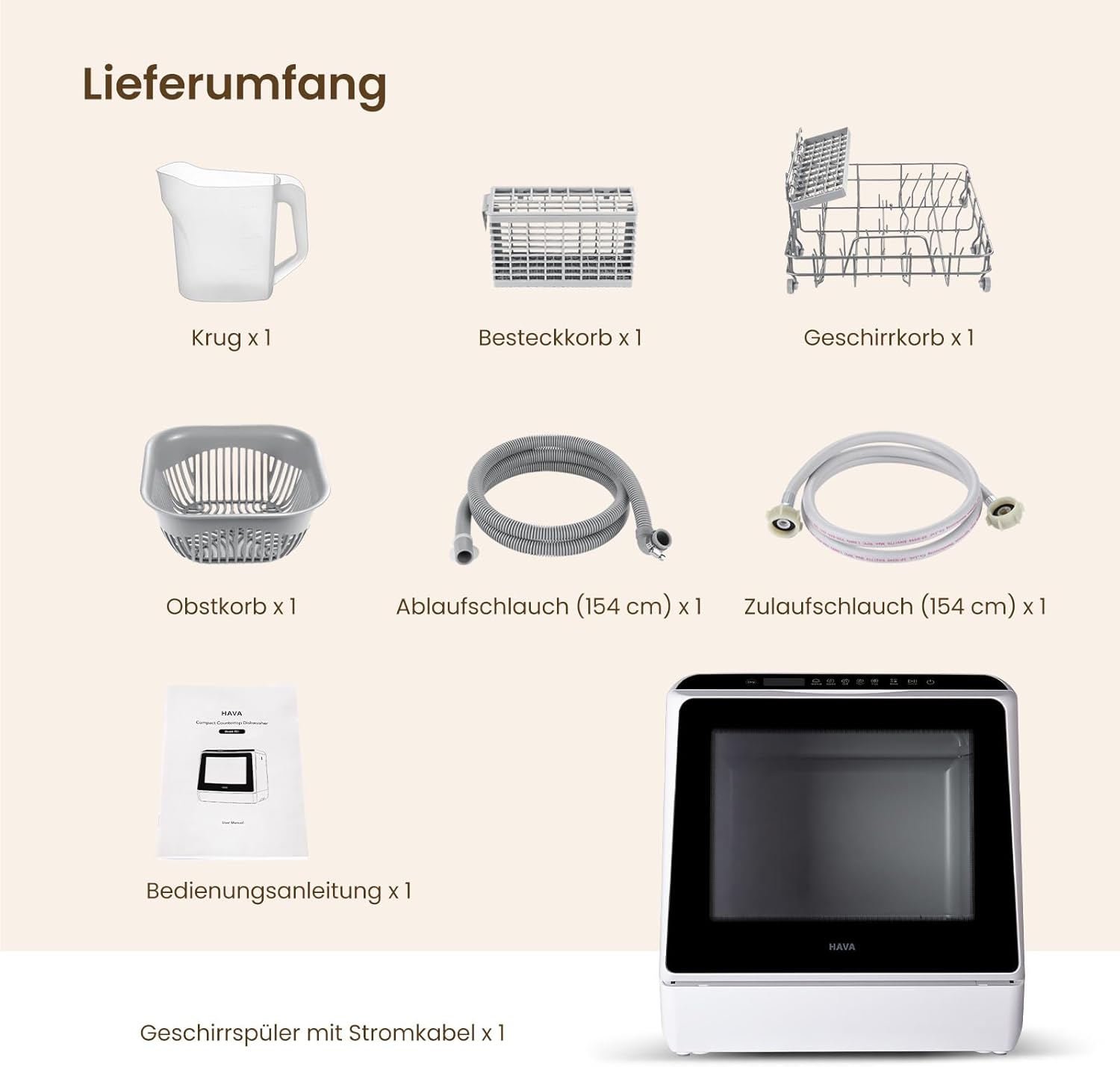Components included with HAVA Tabletop Dishwasher: Pitcher, Cutlery basket, Dish rack, Fruit basket, Drain hose, Inlet hose, User manual, Dishwasher with power cable