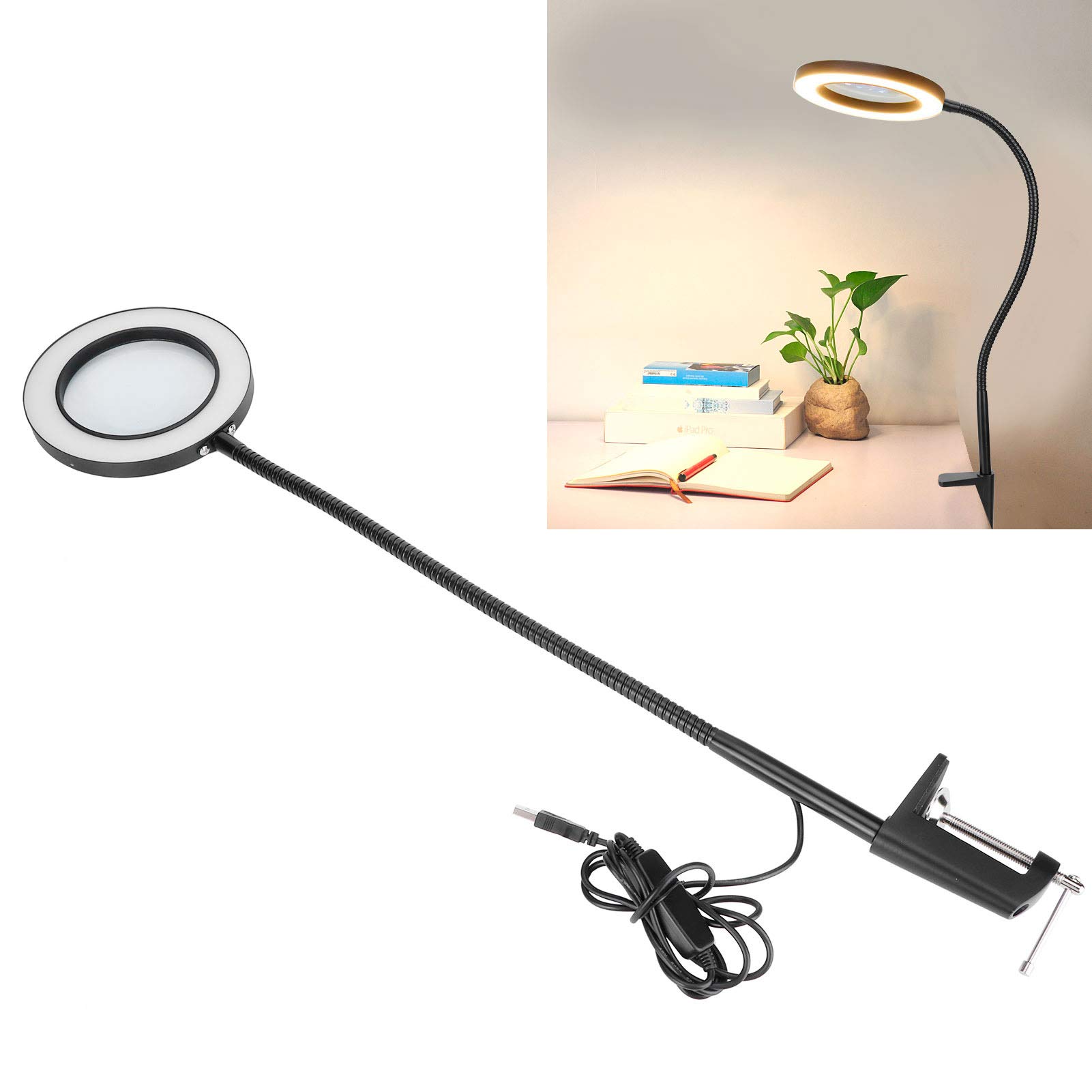 Generic Lampe Loupe 5X avec Col de Cygne Flexible et Gradation à 10 Niveaux pour Travaux de Broderie Noir 1 Unité