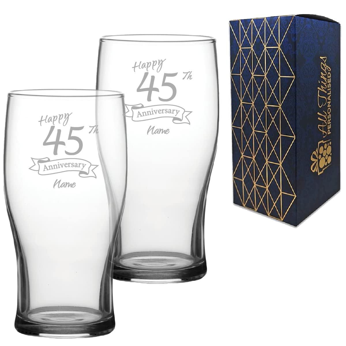 Personalised Engraved 45th Anniversary Glass Set of Two, Tulip Pint 20oz Glass, Engraved in The UK, Personalise with Any Name, Thoughtful Customised Gift โ image 1